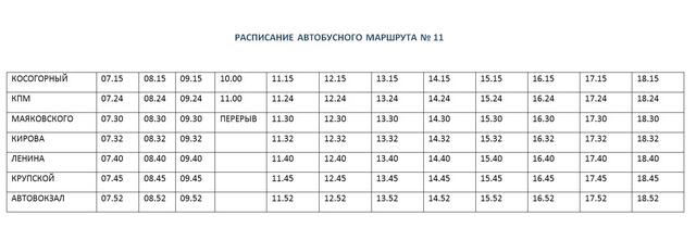 Расписание движения маршрута № 11 г. Белорецка